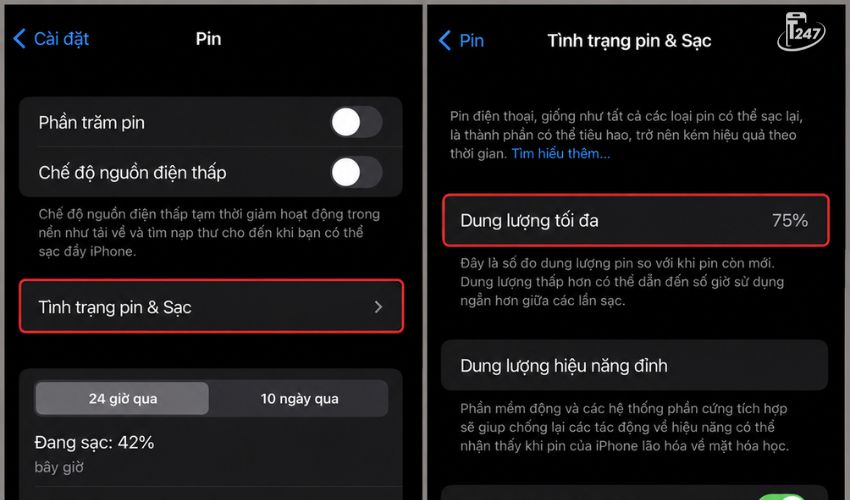 Hướng dẫn kiểm tra dung lượng pin tối đa ở phần cài đặt | Táo 247
